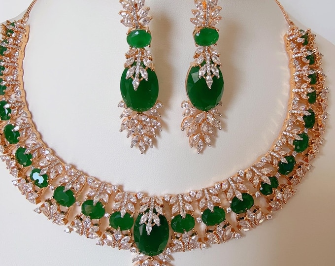 2 Tone Gold Emerald green Necklace diamond choker  /Indian jewelry/ CZ Choker/Bridal choker/ Indian Necklace/2 tone  green diamond choker