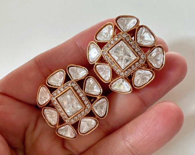 Moissanite Polki Embellished Kundan Studs /Indian Jewelry /Statement Stud Earring/Kundan Stud Earrings/Cz Studs/Diamond Studs