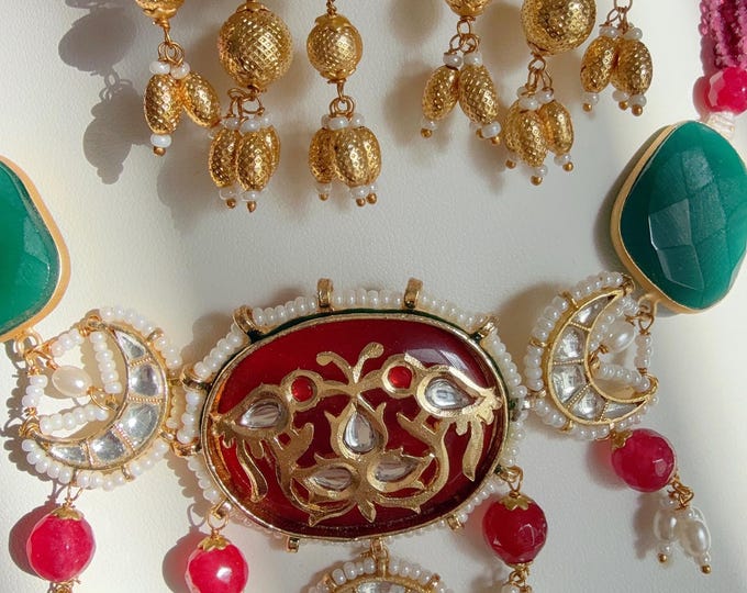 Uncut Polki Diamond Choker Moissanite Polki Necklace Sabyasachi inspired Jewelry Set/Polki Kundan Ruby Green Necklace/Statement necklace Set