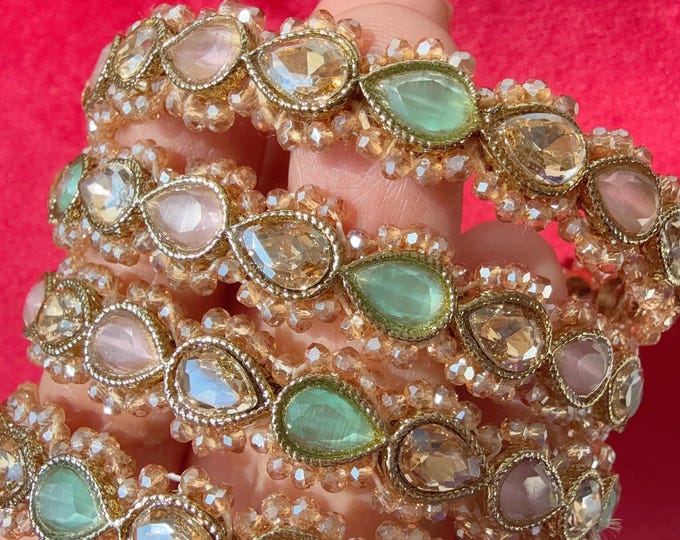Mint pink Kundan Bangles/Polki Kundan  Pearl Bangles Set(4 Pc) /Indian Jewelry/ mint pink Kundan Bangles/Mint pink bangles/Indian Bangles