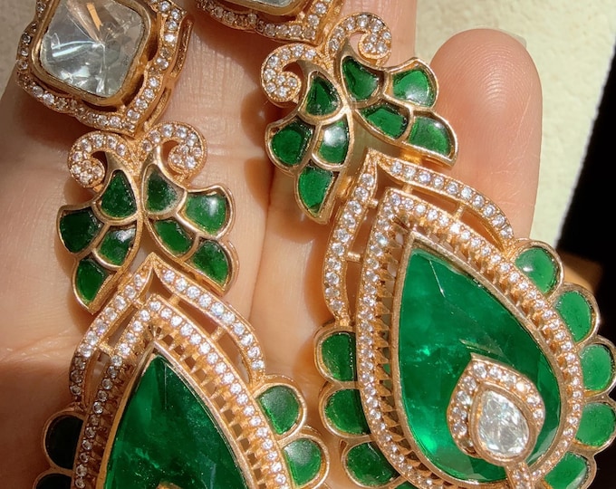 Sabyasachi-Inspired Moissanite Earrings/ Statement Jewelry/ Emerald Green Moissanite Earrings/Bridal Diamond earrings