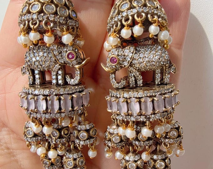 Sabyasachi-Inspired Victorian CZ Diamond Jhumka//Elegant Statement Jewelry/ Diamond elephant Earrings/Bridal baby pink Diamond earrings