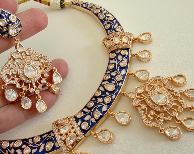 Moissanite Blue kundan hasli necklace set with jhumka earrings/Diamond  Hasli / Rajwadi Hasli with designer earrings/Indian Wedding jewelry
