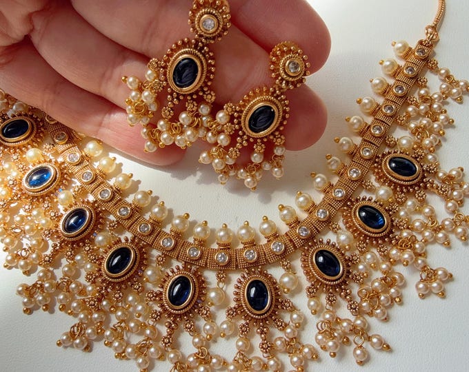 Gold Plated blue  Choker Necklace Set /South Indian jewelry/Indian Wedding jewelry/Gold Finish blue stone necklace/blue Choker Necklace