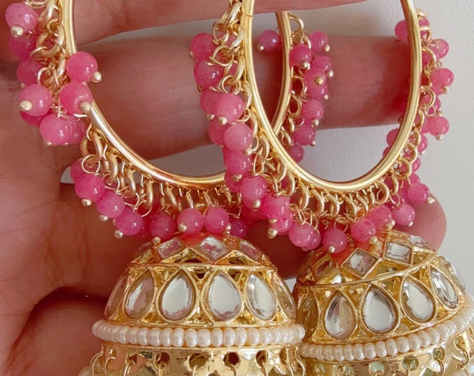 Mint Pink Big Bali hoops Earrings/ Punjabi Bali Hoops /Indian Earrings/ Indian Wedding Sangeet Jewelry / Kundan Jhumka //Bridesmaid Jewelry