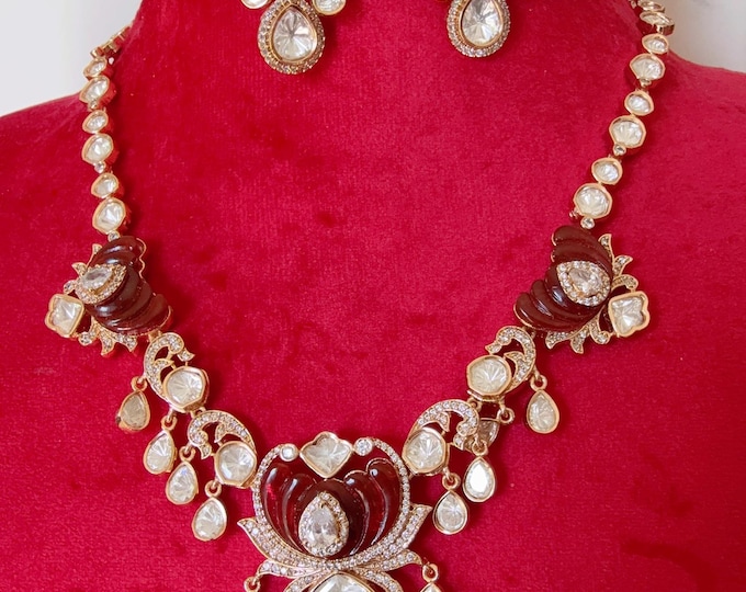 Bridal Kundan Jewelry Moissanite Maroon necklace/Bridal Blue  diamond  Necklace  set/ Indian Bridal Jewelry/Semi Bridal necklace