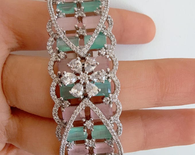 American diamond silver  Mint pink  bracelet bangle/Cz stone  diamond Indian bangles/Indian Jewelry /bridal jewelry/Cubic zirconia Mint Kada