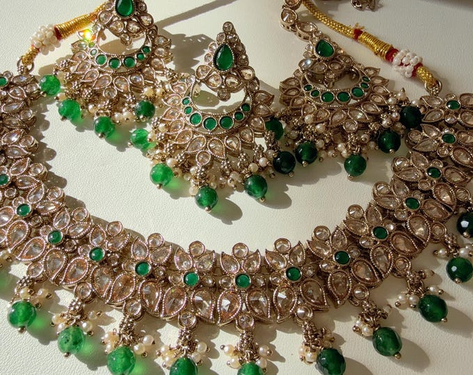 Antique green kundan  Polki Kundan  necklace  Set Chandbali and Tikka  /bridal necklace/Indian wedding jewelry/Bridal necklace set/