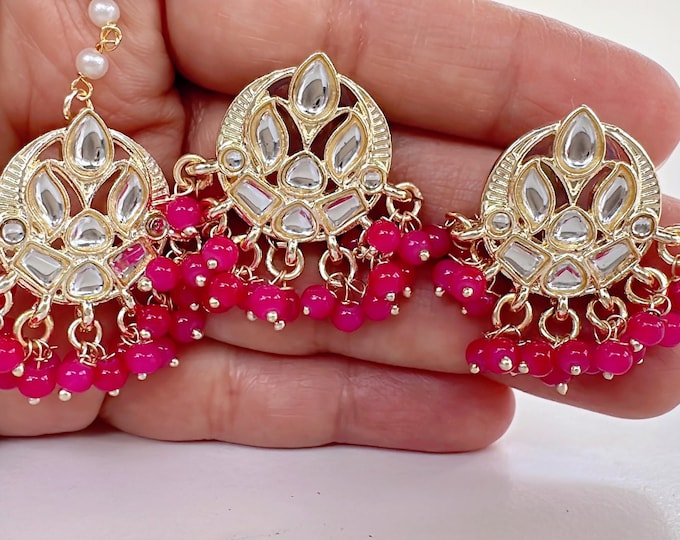 Petite Pink  Kundan Tikka w/Earring Set/Kids tikka earrings set/ Indian jewelry/jewelry/Girls Maang Tikka  set/Costume jewelry