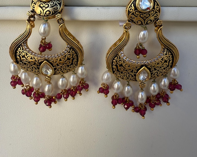 Kundan Meenakari chanbali earrings /Ruby kundan Earrings  / Dangle Drop gold Jhumkas /Indian wedding/Kundan Jhumka/