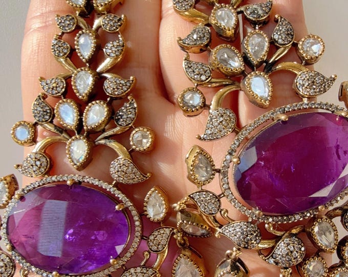 Purple  Doublet Stone Moissanite kundan Earrings/Elegant Statement Jewelry/Ruby Moissanite Polki Earrings/Bridal Diamond earrings