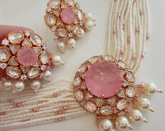 Moissanite doublet stones Baby Pinkchoker set Kundan choker necklace set/ Kundan Baby pink choker/ Doublet Stone & Moissanite Choke Set