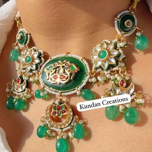 Green  Diamond Choker Moissanite Polki Necklace Sabyasachi inspired Jewelry Set/Baby pink Kundan Necklace earrings and tikka set