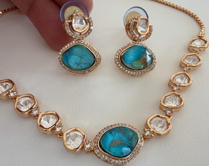 Polki Kundan Firoza Jewelry Moissanite choker necklace set/ Kundan fire Stone turquoise choker/ Indian Bridal Jewelry/Indian Wedding jewelry