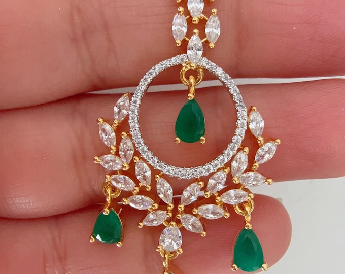 American Diamond 2 Tone green Maang tikka/ Indian Wedding Jewelry/ Pakistani Jewelry/ Matha patti/ Indian forehead jewelry/Indian Jewelry