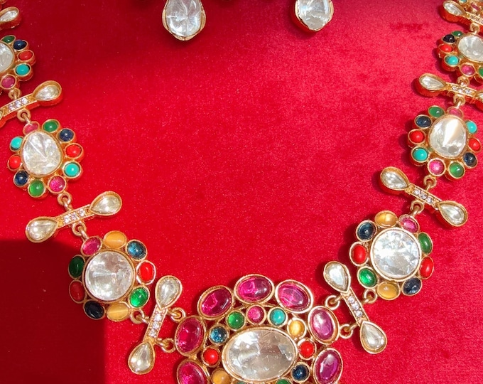 Navratan Moissanite Meenakari work necklace set/ Kundan  choker/ Moissanite  Necklace Set/Navaratna and Moissanite Elegance together