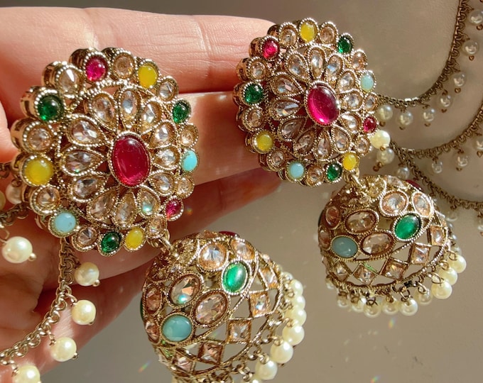 Bahubali Polki  kundan Multi Jhumka Earrings with detachable ear chains /Bahubali Kundan Jhumka With Earchain Sahare /Indian Jewelry/