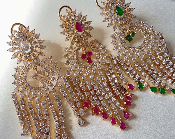 Diamond chandbali 2 tone long  Earrings/ Indian Jewelry Indian Earrings/American Diamond jhumka/CZ Earrings/Indian jhumka