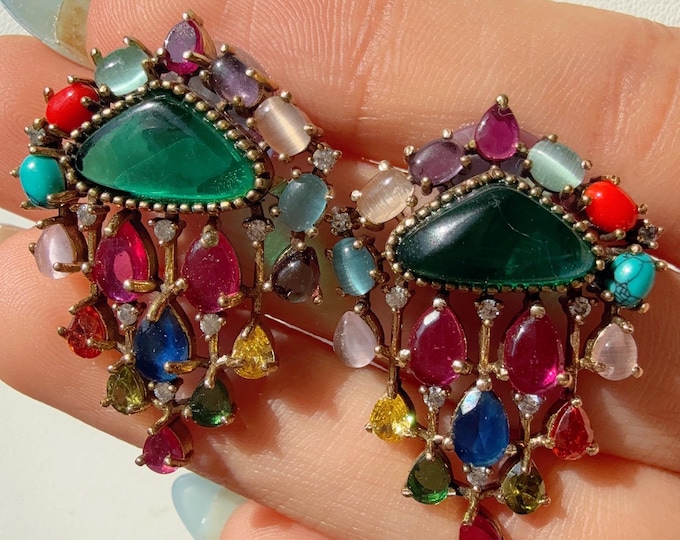 Green Multi Doublet Stone Moissanite kundan stud  Earrings/Elegant Statement Jewelry/ Moissanite diamond Earrings/Diamond green studs