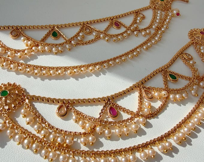 Gold plated Ruby Green  pearl  Ear Chain/Sahare/Earring support chain/Kaan sahara//Pakistani Jewelry/Bahubali Earrings/Indian Jewelry