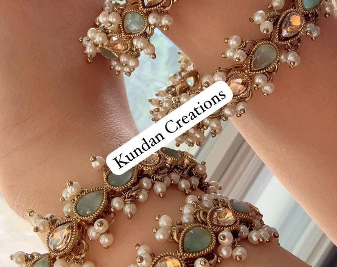 Mint  Kundan  Pearl Bangles 4 PC/Indian Bangles/ Indian jewelry/wedding jewelry/Mint Kundan bangles/Polki Kundan  bangles