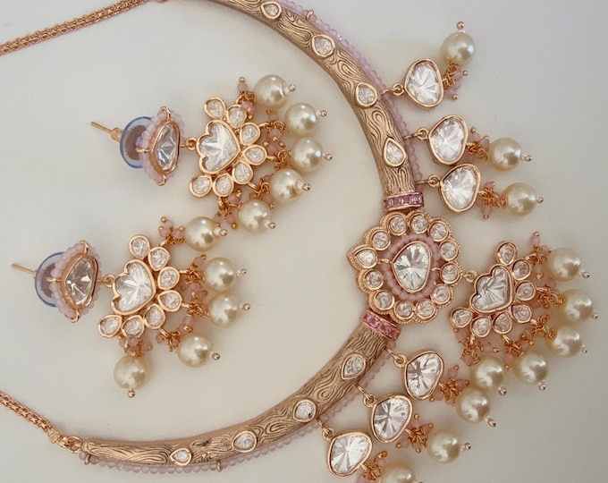 Moissanite Baby pink kundan hasli necklace set with jhumka earrings/Diamond  Hasli /Rajwadi Hasli designer earrings/Indian Wedding jewelry