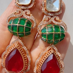 Sabyasachi-Inspired Moissanite kundan Earrings/Elegant Statement Jewelry/Ruby Green  Moissanite  Earrings/Bridal Diamond earrings