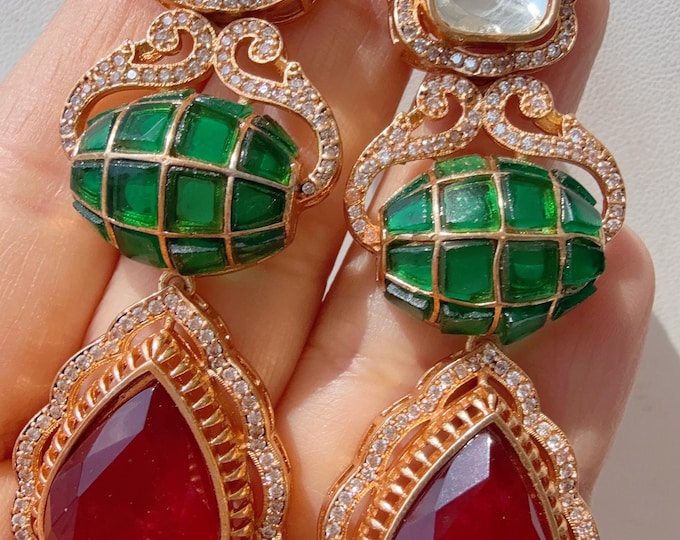Sabyasachi-Inspired Moissanite kundan Earrings/Elegant Statement Jewelry/Ruby Green  Moissanite  Earrings/Bridal Diamond earrings