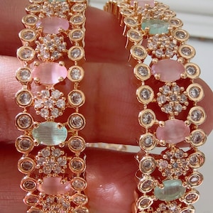 Mint PInk Gold diamond  Bangles/Gold tone diamond  Bangles/ /gold bracelet/indian bangles/Indian Jewelry /bridal jewelry/Mint Pink  bangles