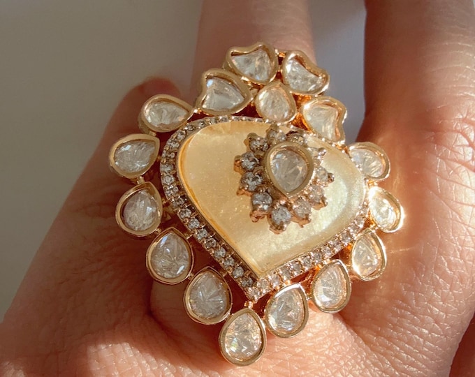 Bridal Kundan Moissanite  diamond Ring/Moissanite Mother of Pearl Gold Ring/Finger Kundan Statement Ring /Indian Wedding jewelry/