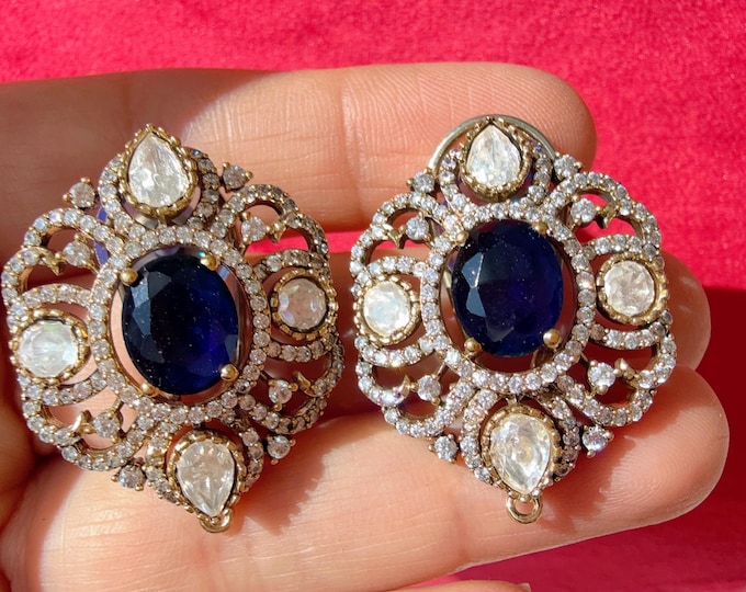 Moissanite precious Stone Blue  stud Earrings/Moissanite  diamond Kundan Studs /Indian Jewelry /Statement Stud Earring/