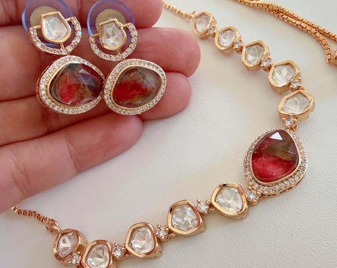 Moissanite Kundan choker necklace set/ Kundan fire Stone red choker/ Indian Bridal Jewelry/Indian Wedding jewelry