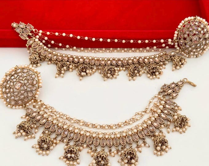 Bridal Look  Antique polki Kundan bahubali Earrings Set  With Earchain Sahare /Bahubali Kundan & Gold Jhumka / Indian Jewelry