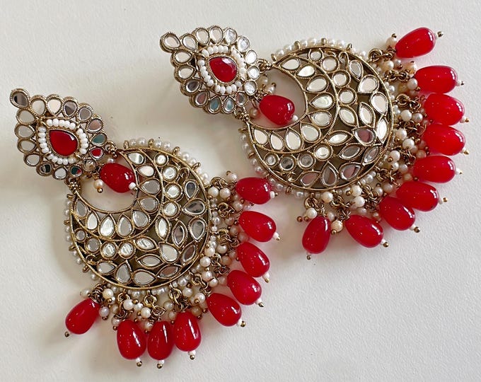 Mirror chandbali earrings/Kundan Earrings /Statement earrings /Bridal earrings/Pearl drop earrings/Mirror Jhumka /Bridesmaid Earrings