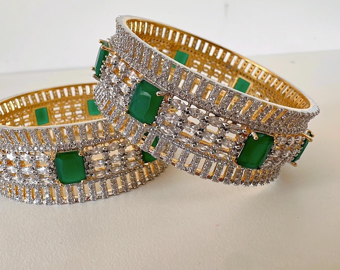 2 Tone gold American diamond Emerald wide kada  bangle/ Cz stone2 tone  kada/2 tone diamond bracelet/indian bangles/Indian Jewelry