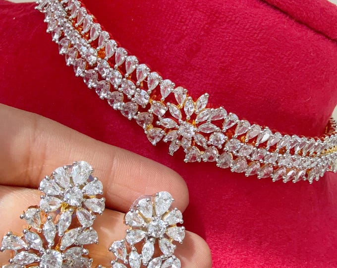 2 tone  gold Necklace diamond choker /Indian jewelry/ CZ Choker/Bridal choker/Bridesmaid Jewelry Set Indian Necklace/2 tone  diamond choker