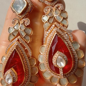 Sabyasachi-Inspired Moissanite Earrings/ Statement Jewelry/  Ruby Mint  dual shade Moissanite Earrings/Bridal Diamond earrings