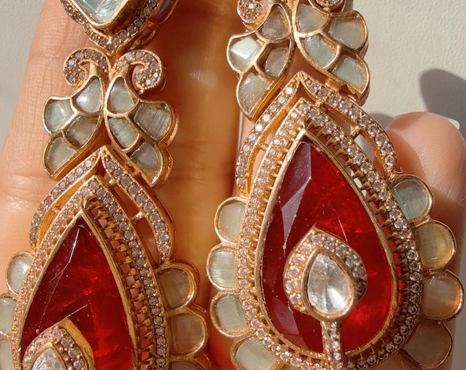Sabyasachi-Inspired Moissanite Earrings/ Statement Jewelry/  Ruby Mint  dual shade Moissanite Earrings/Bridal Diamond earrings