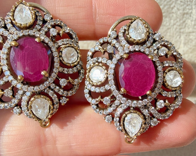 Ruby Moissanite precious Stone stud Earrings/Moissanite  diamond Kundan Studs /Indian Jewelry /Statement Stud Earring/