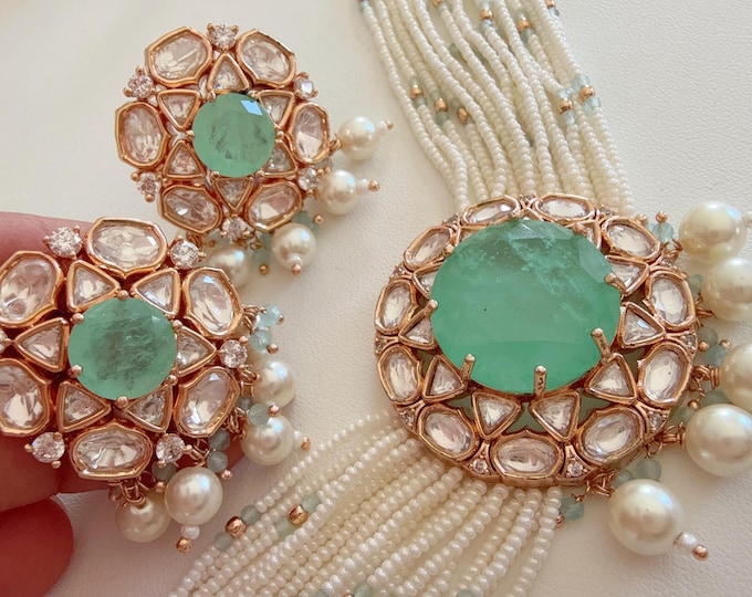 Moissanite doublet stones mint choker set Kundan choker necklace set/ Kundan Mint choker/ Doublet Stone & Moissanite Choker Necklace Set