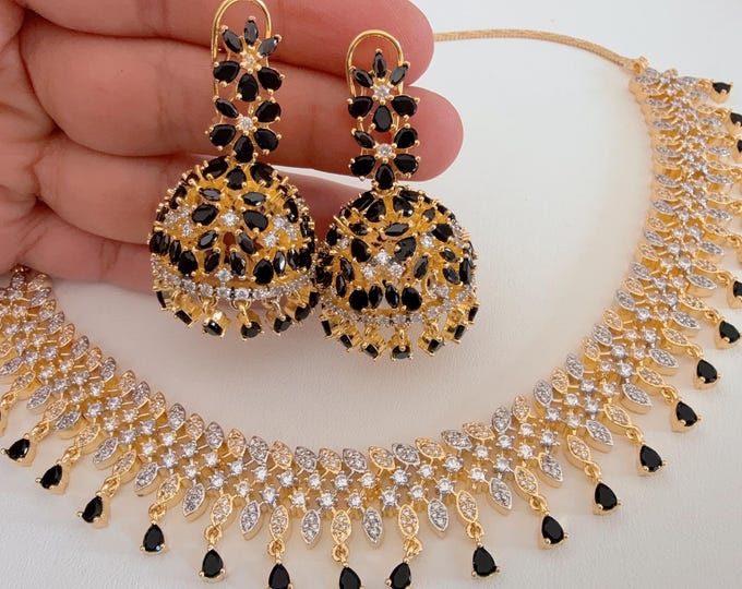 2 Tone  Diamond Black Necklace with jhumka /Indian jewelry/ CZ Choker/Bridal choker/Diamond choker/ Indian Necklace/Black diamond choker