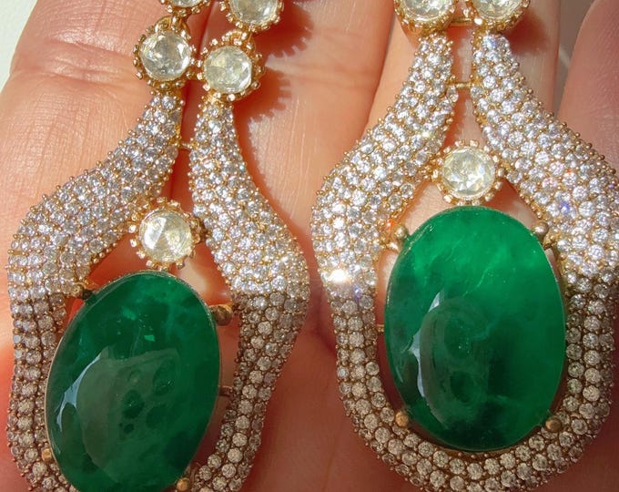 Sabyasachi-Inspired Diamond Doublet kundan Earrings/ Statement Jewelry/Diamond Moissanite doublet clubbed together Earrings/Green earrings