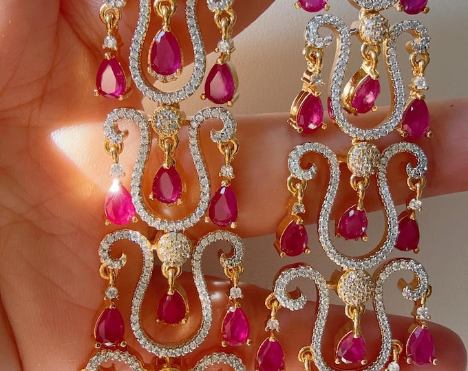 2 Tone gold  Diamond Chandelier Ruby Earrings/Antique  Diamond Bali Hoops /Indian Earrings// Kundan Jhumka /Cubic Zirconia earrings