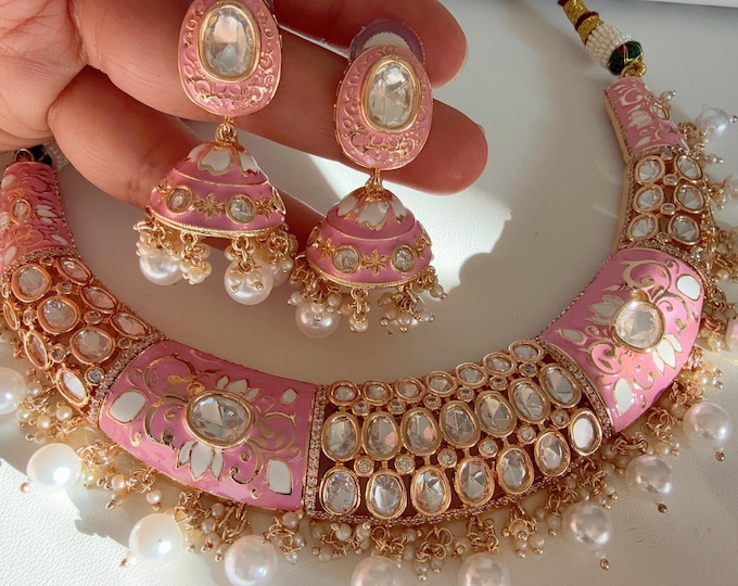 Moissanite kundan Baby pink hasli necklace set with jhumka earrings/Diamond  Hasli /Gold Plated Rajasthani Hasli in Baby pink Meenakari