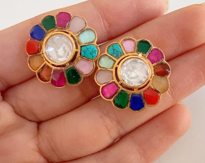 Moissanite Meenakari Navratan Kundan Studs /Indian Jewelry /Statement Stud Earring/Kundan Stud Earrings/Diamond Meenakari Multi Stud
