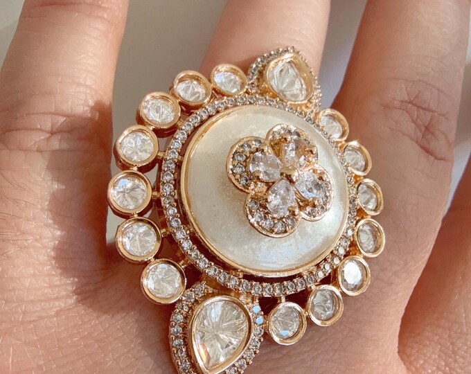 Bridal Kundan Moissanite Gold diamond Ring/Moissanite Mother of Pearl Gold Ring/ Kundan Statement Gold Ring /Indian Wedding jewelry/