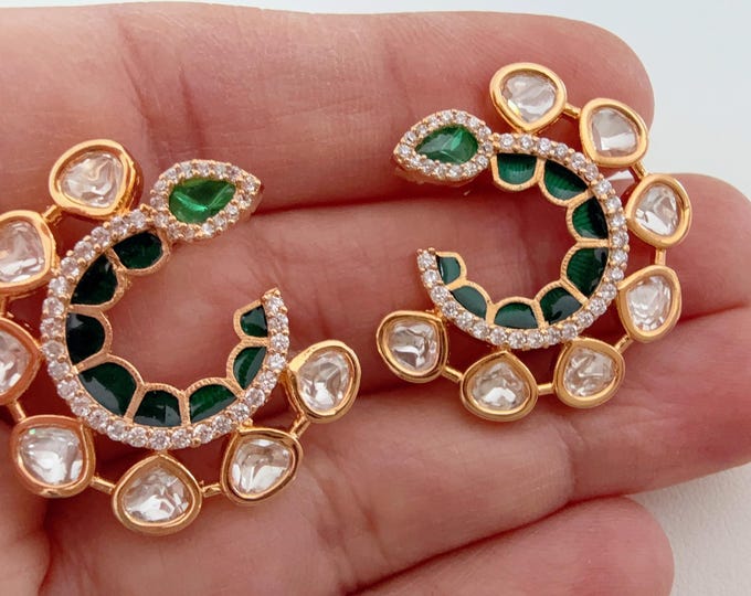 Moissanite Meenakari Green Kundan Studs /Indian Jewelry /Statement Stud Earring/Kundan Stud Earrings/Diamond Meenakari Multi Stud