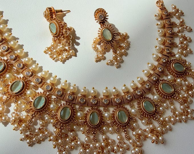 Mint Gold Plated Choker Necklace Set /South Indian jewelry/Indian Wedding jewelry/Gold Finish Mint  stone necklace/ Mint Choker Necklace