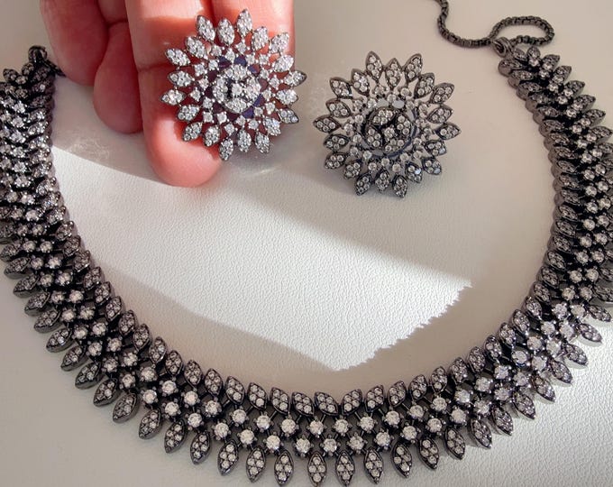 Black Rhodium Finish diamond choker  /Indian jewelry/ CZ Choker/Bridal choker/ Indian Necklace/Black Rhodium Finish Choker Necklace