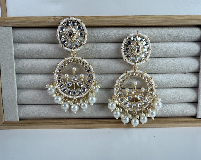 Gold Pearl Kundan chandbali Earrings/Kundan Earrings /Statement earrings /Bridal earrings/Pearl drop earrings /Bridesmaid Earrings